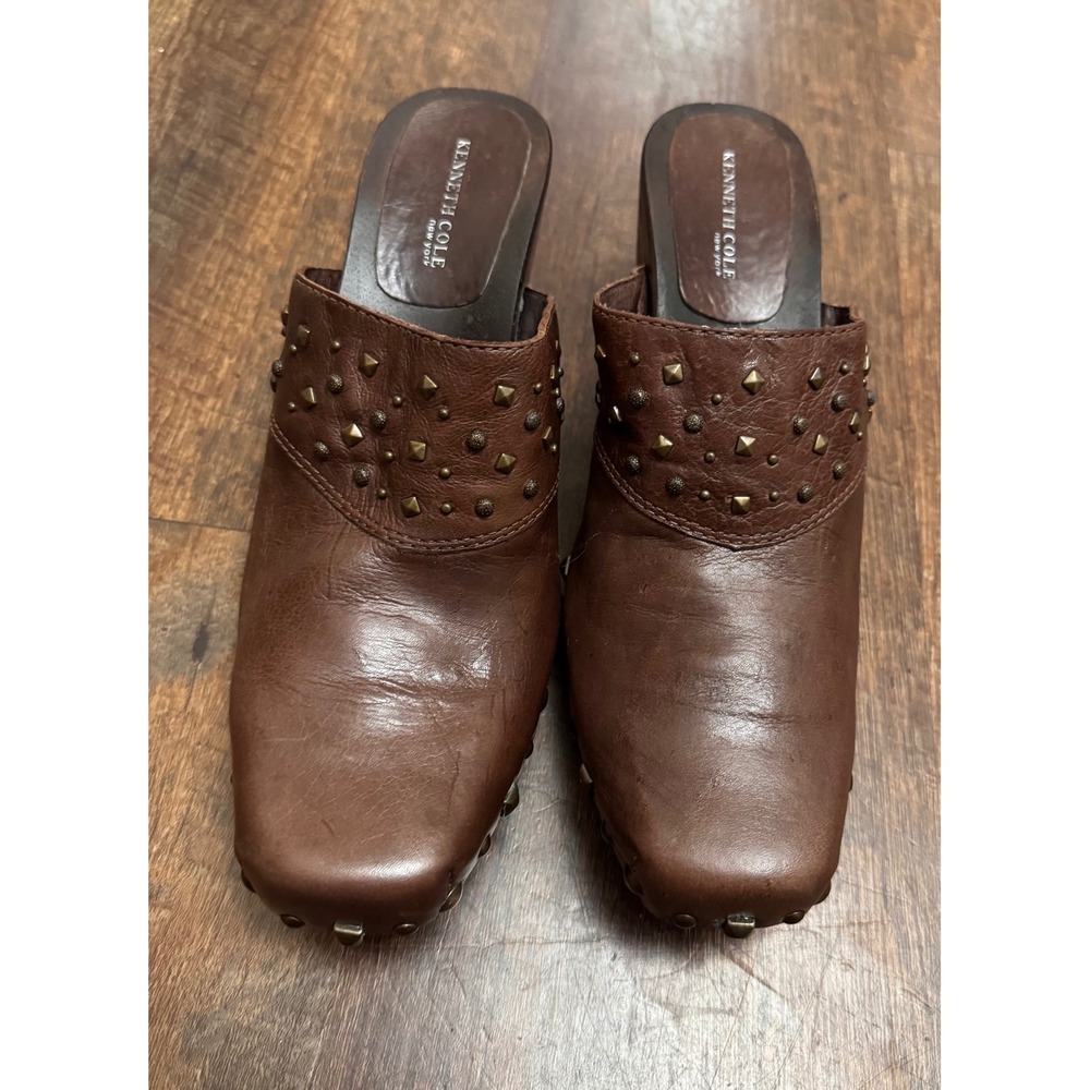 Vintage Kenneth Cole Leather Studded Clog Mules 8.5 Brown Wood Wedge Brazil